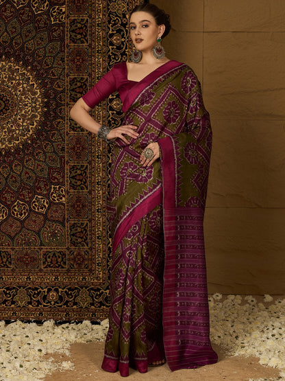 Green Olive Ikat Bhagalpuri Silk Printed Saree