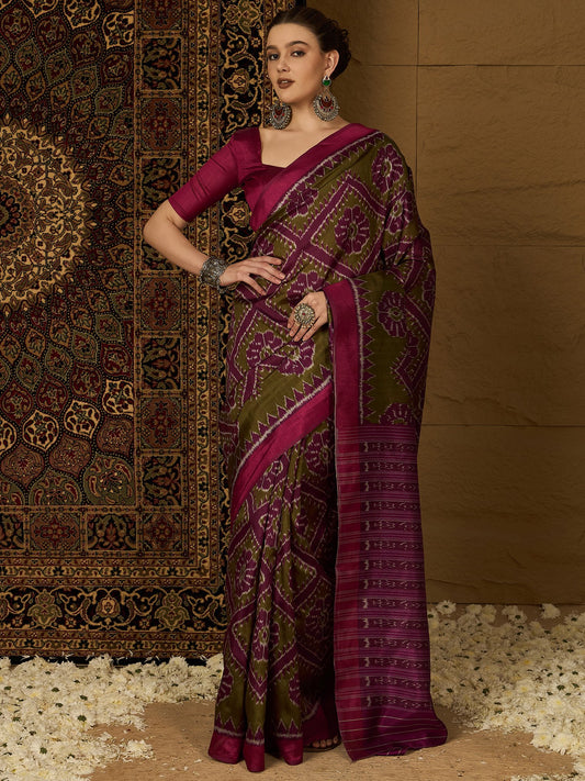 Green Olive Ikat Bhagalpuri Silk Printed Saree