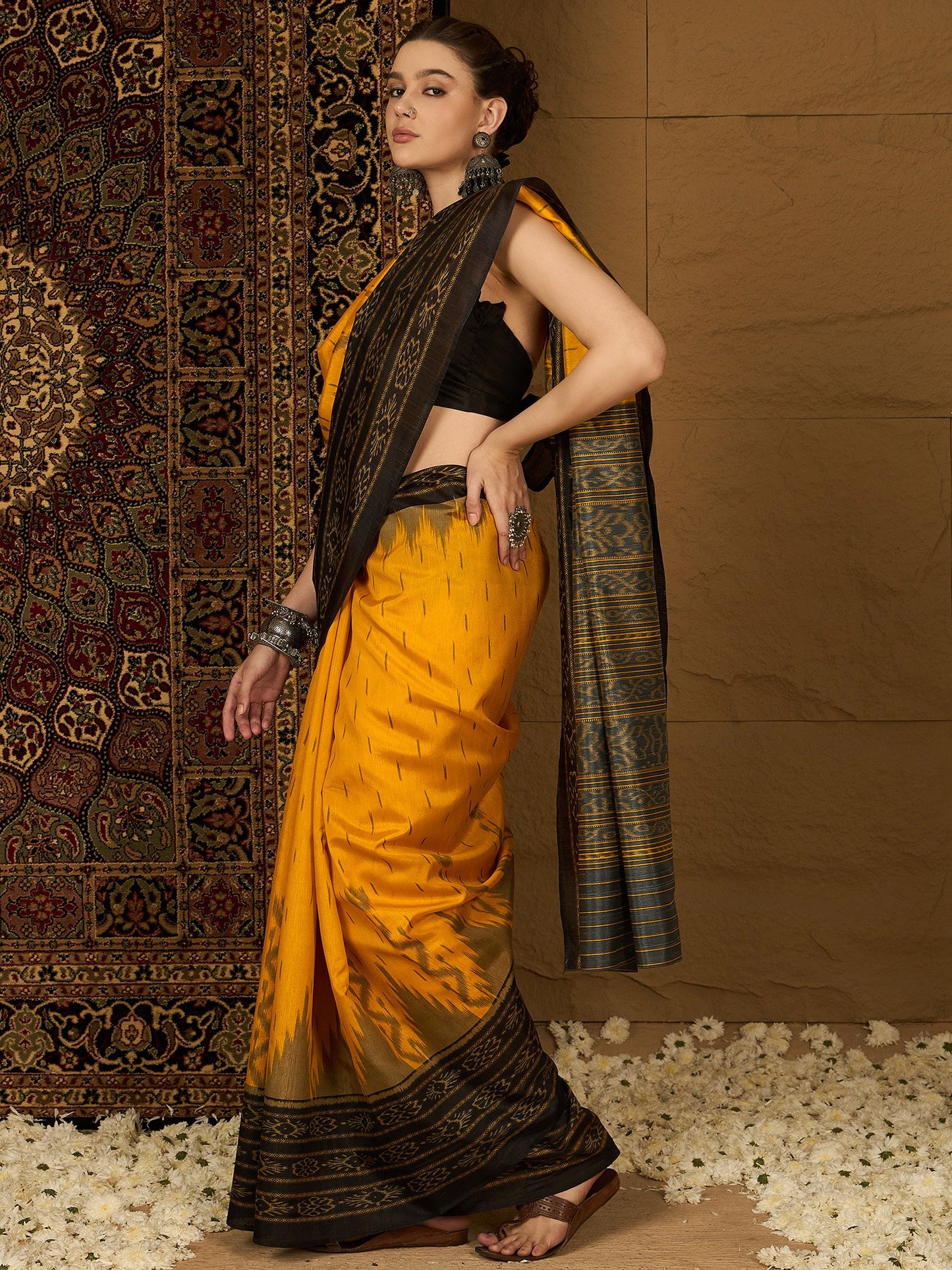 Yellow Ikat Bhagalpuri Silk Printed Saree