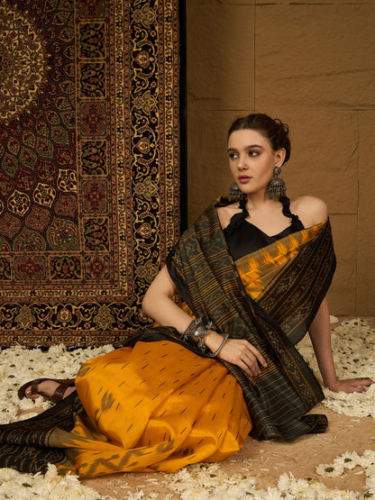 Yellow Ikat Bhagalpuri Silk Printed Saree