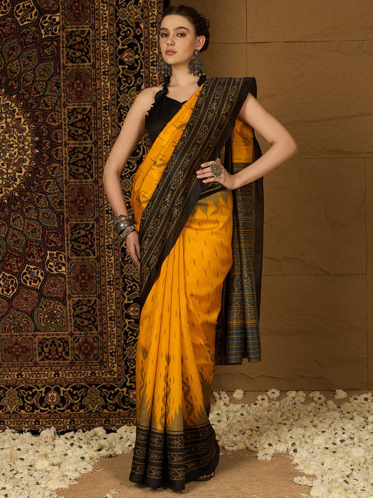 Yellow Yellow Ikat Bhagalpuri Silk Printed Saree