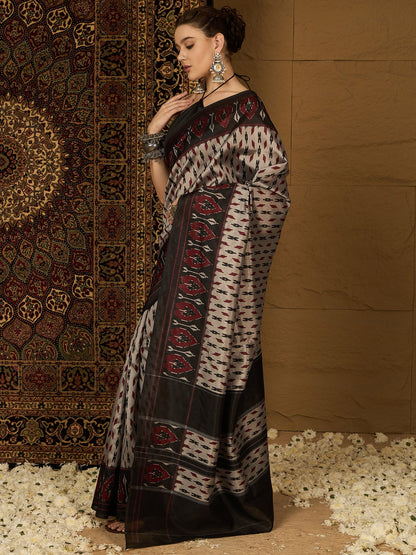 Beige Ikat Bhagalpuri Silk Printed Saree