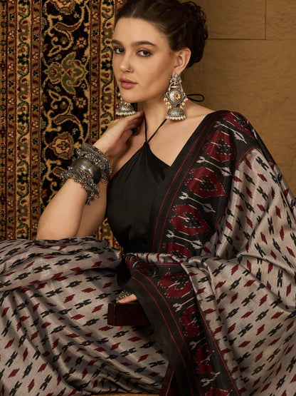 Beige Ikat Bhagalpuri Silk Printed Saree