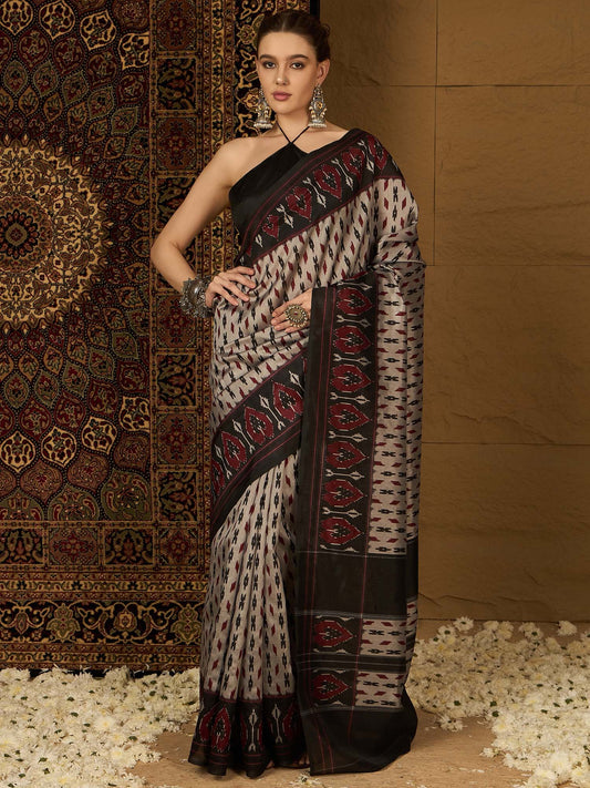 Grey Beige Ikat Bhagalpuri Silk Printed Saree