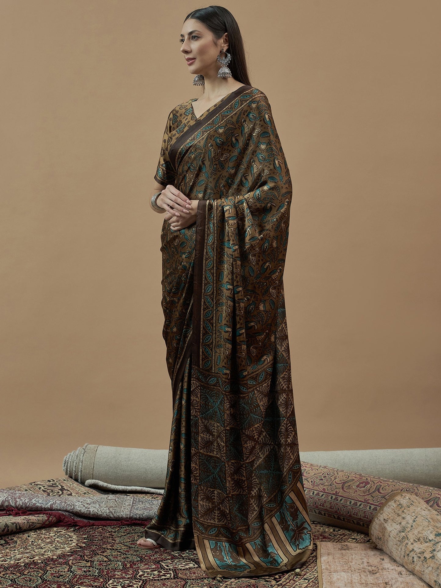 Camel Block Print Pure Crepe Printed Saree