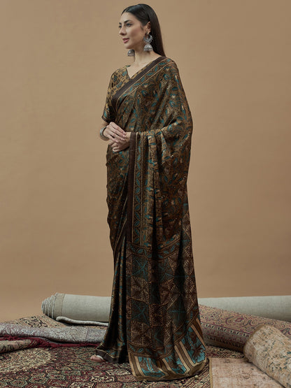 Camel Block Print Pure Crepe Printed Saree