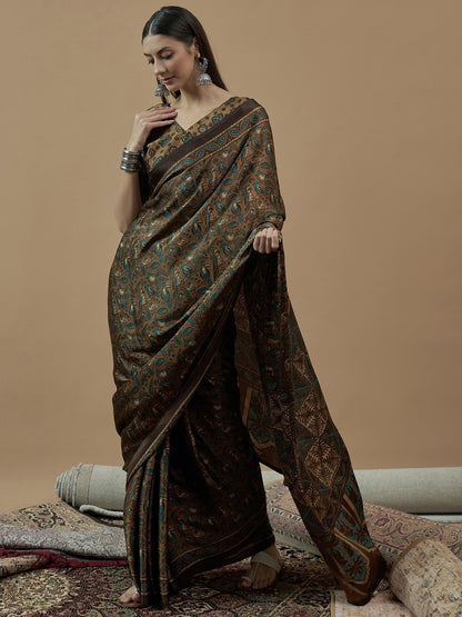 Camel Block Print Pure Crepe Printed Saree