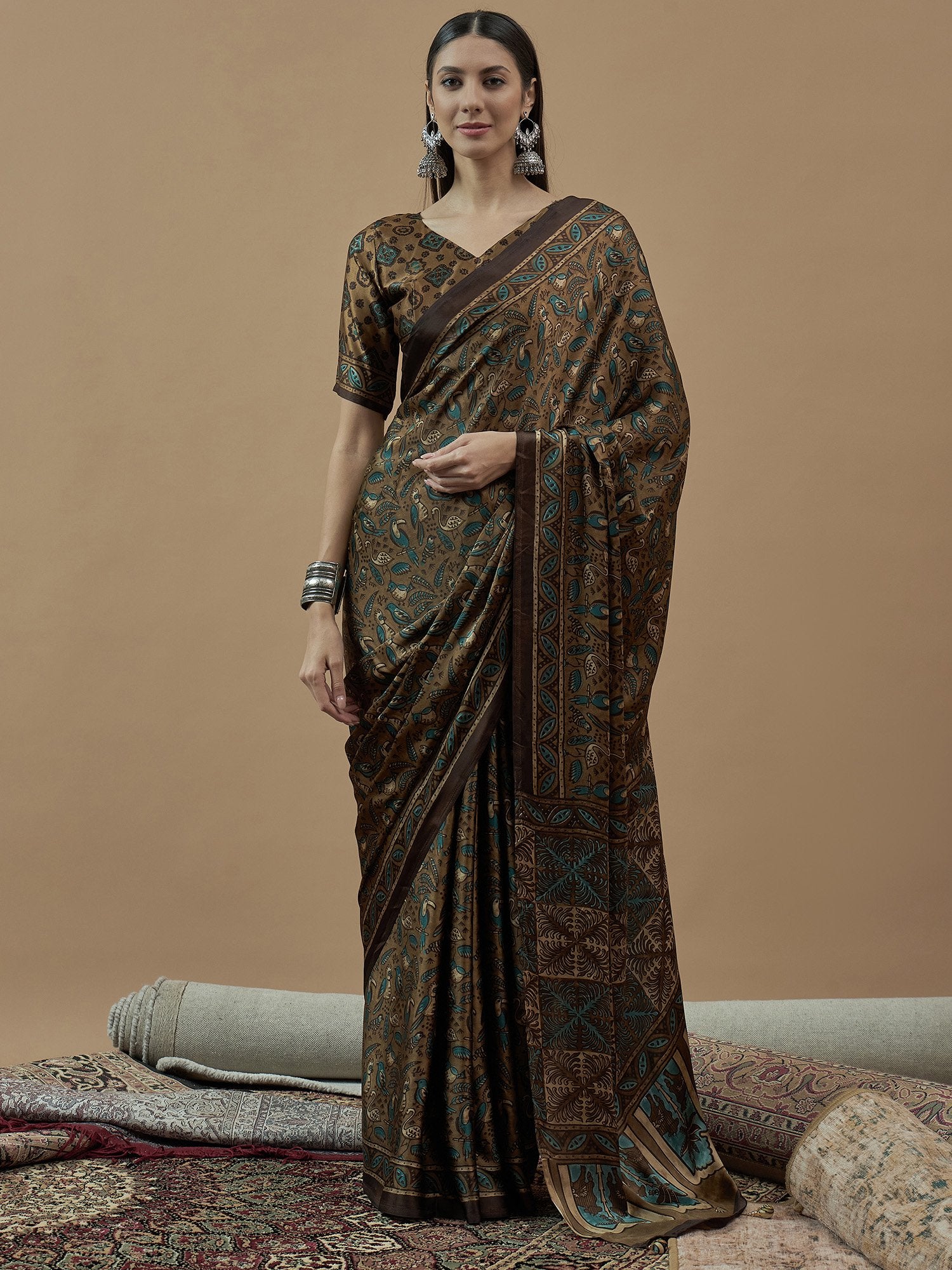 Brown Camel Block Print Pure Crepe Printed Saree