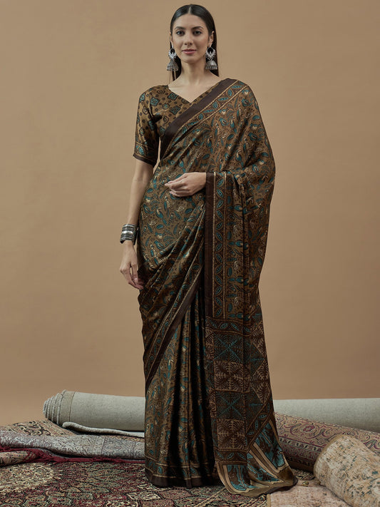 Brown Camel Block Print Pure Crepe Printed Saree