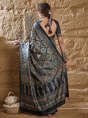 Navy Dabu Silk Blend Printed Saree - The Dori Store