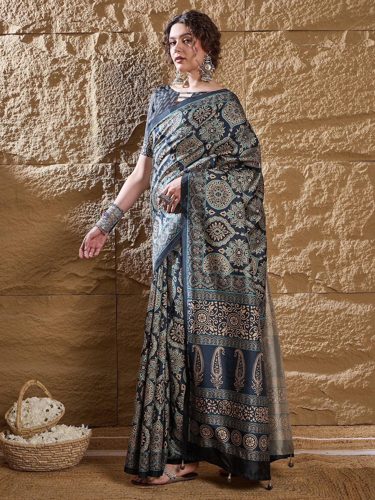 Navy Dabu Silk Blend Printed Saree - The Dori Store