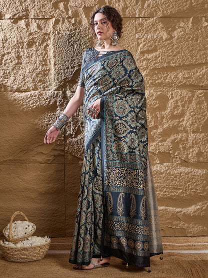 Navy Dabu Silk Blend Printed Saree