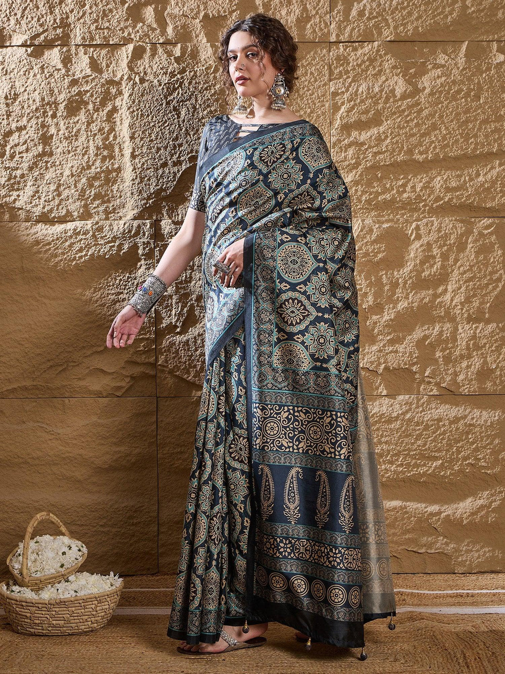 Navy Dabu Silk Blend Printed Saree - The Dori Store