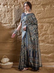 Navy Dabu Silk Blend Printed Saree - The Dori Store