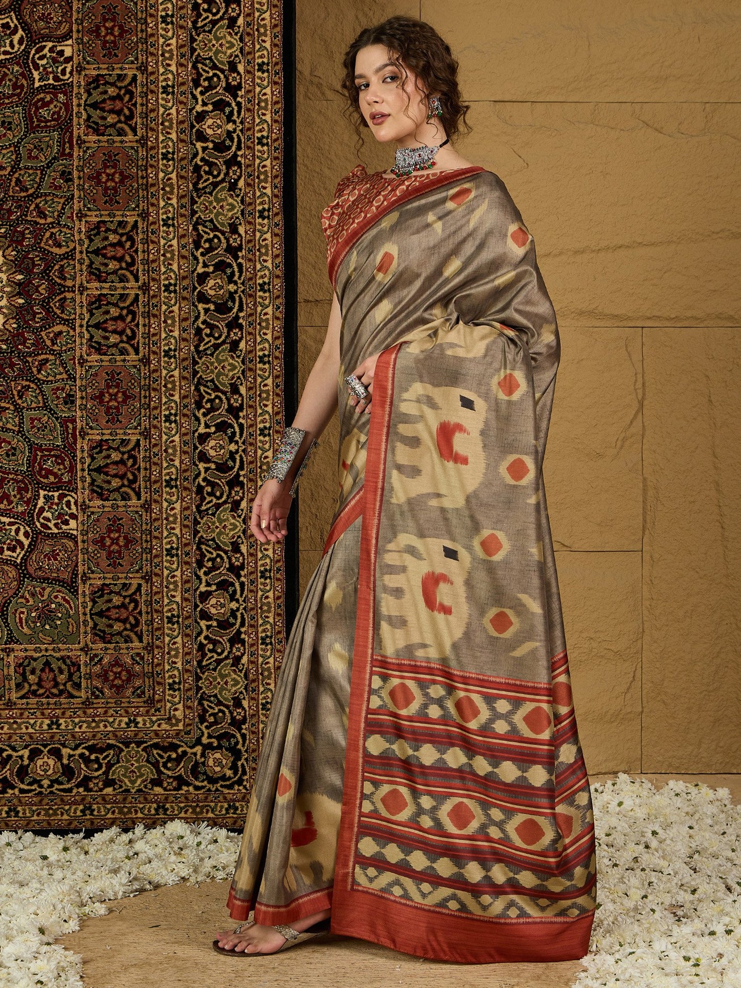 Charcoal Bagru Silk Blend Printed Saree
