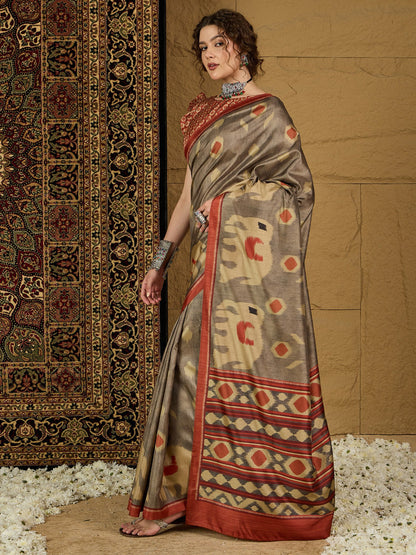 Charcoal Bagru Silk Blend Printed Saree