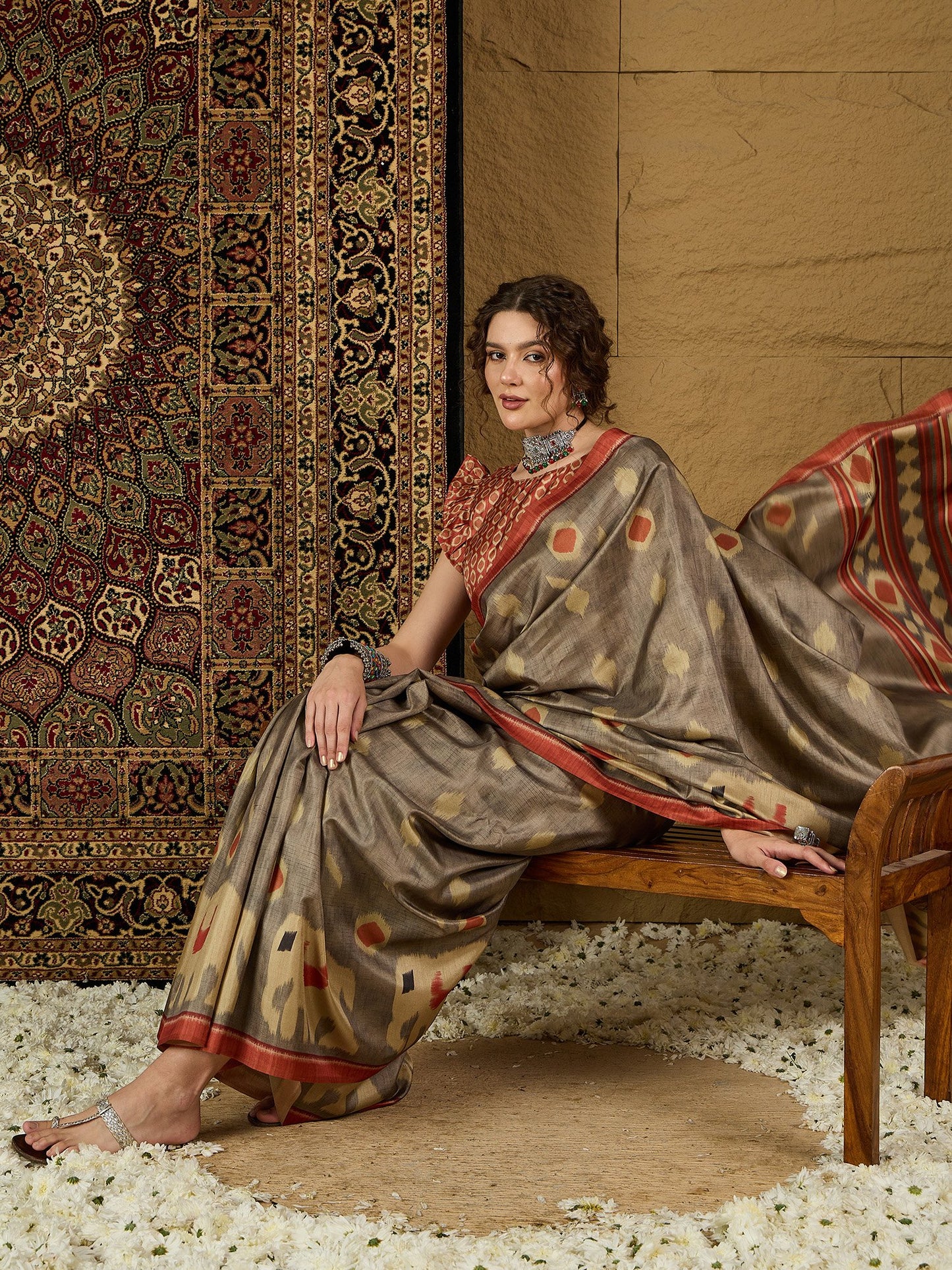 Charcoal Bagru Silk Blend Printed Saree