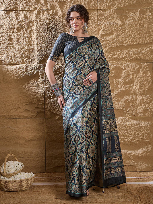 Blue Navy Dabu Silk Blend Printed Saree