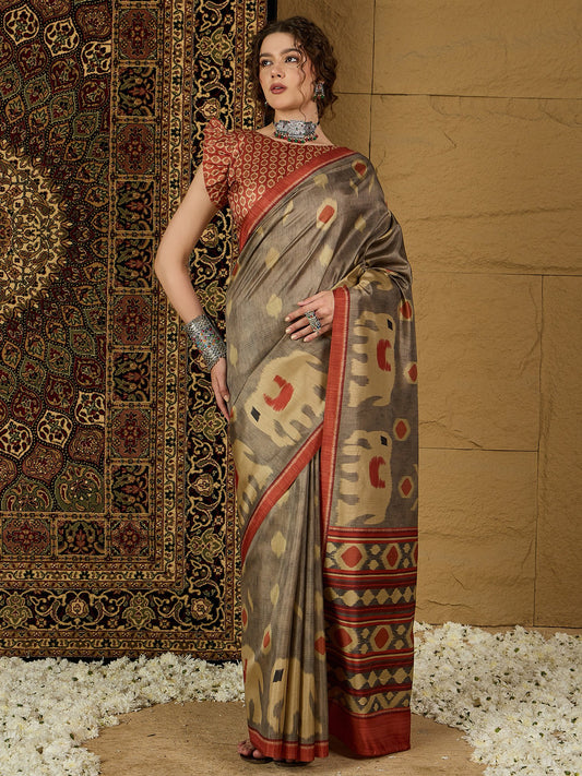 Grey Charcoal Bagru Silk Blend Printed Saree