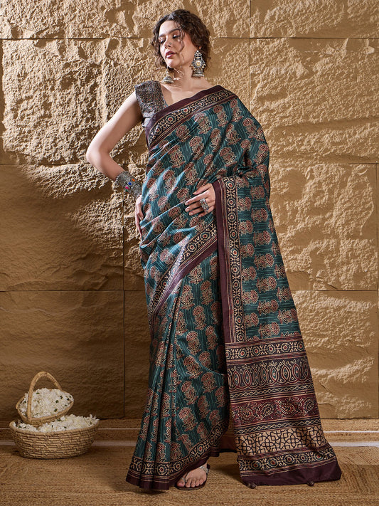 Blue Teal Dabu Silk Blend Printed Saree