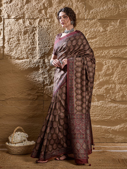 Brown Dabu Silk Blend Printed Saree