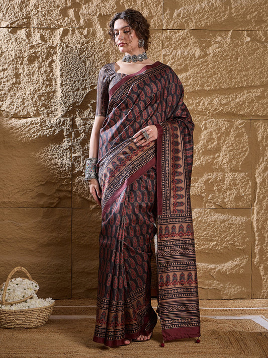Blue Navy Dabu Silk Blend Printed Saree