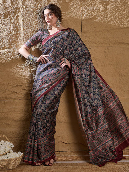 Navy Dabu Silk Blend Printed Saree