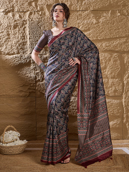 Blue Navy Dabu Silk Blend Printed Saree