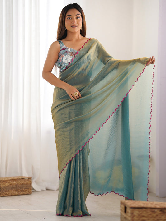 Green Sea Party Wear Satin Silk Embroidered Saree