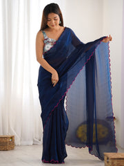 Blue Teal Party Wear Satin Silk Embroidered Saree