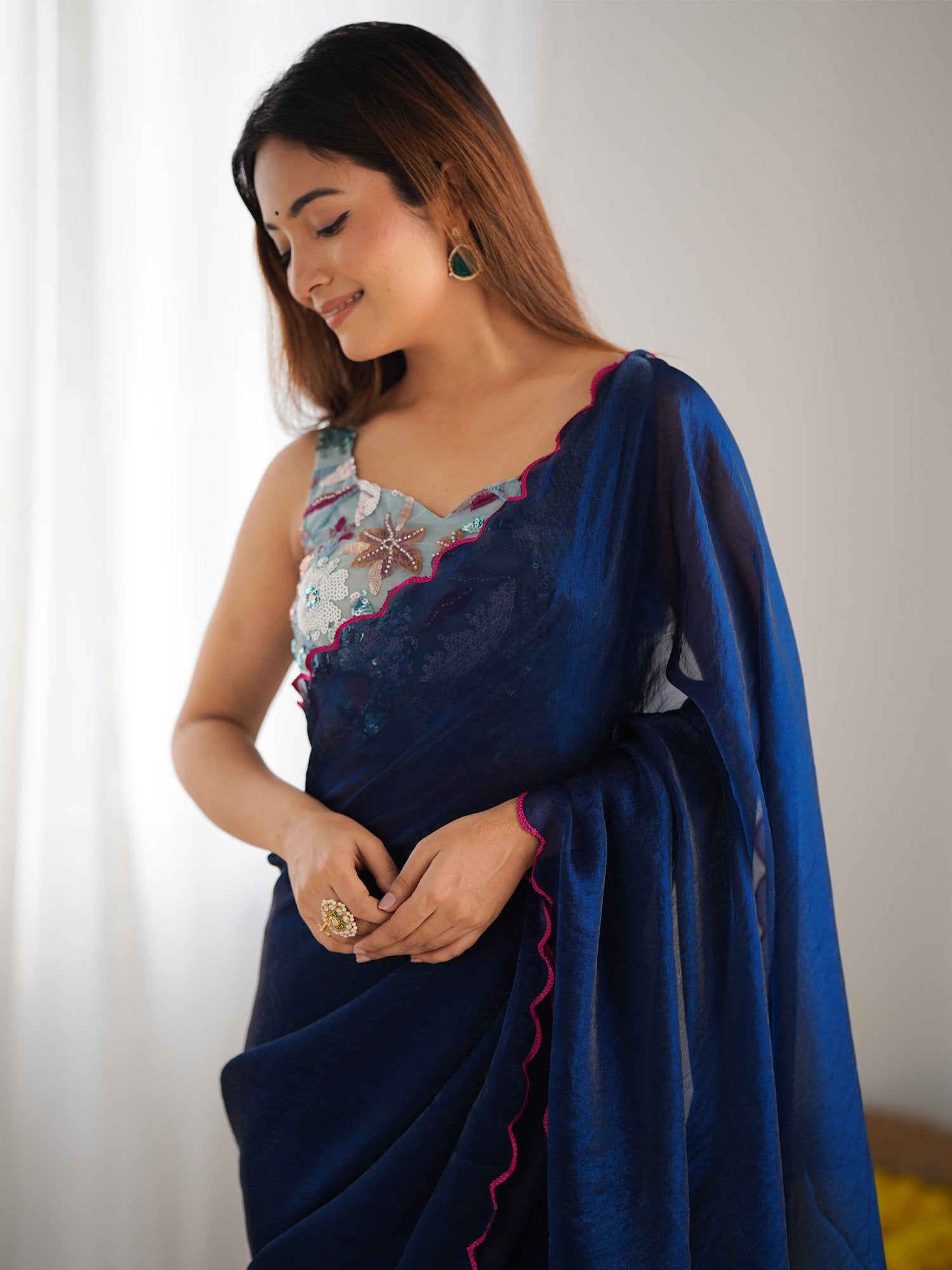 Teal Blue Party Wear Satin Silk Embroidered Saree