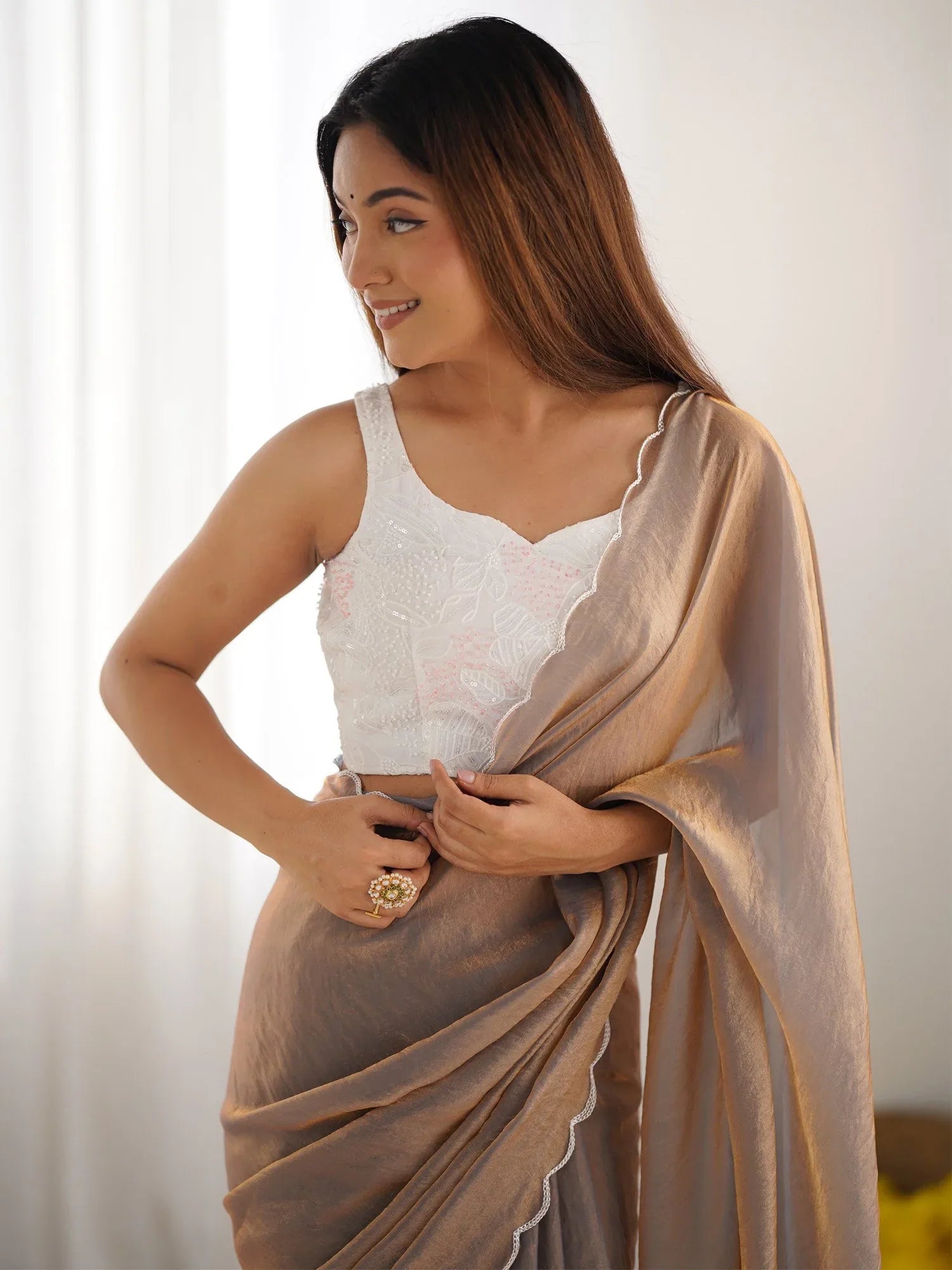 Bronze Party Wear Satin Silk Embroidered Saree