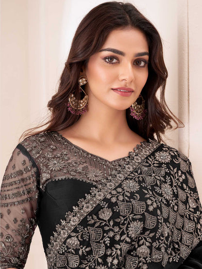 Black Black Party Wear Pure Chiffon Embellished Saree