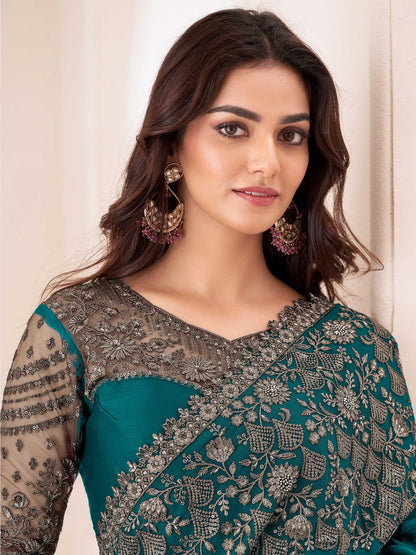 Blue Teal Party Wear Pure Chiffon Embellished Saree