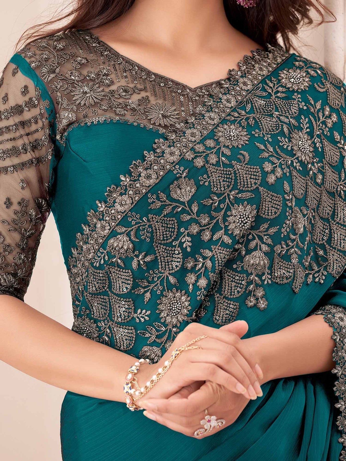 Teal Party Wear Pure Chiffon Embellished Saree