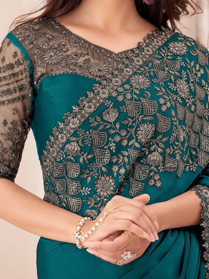 Teal Party Wear Pure Chiffon Embellished Saree