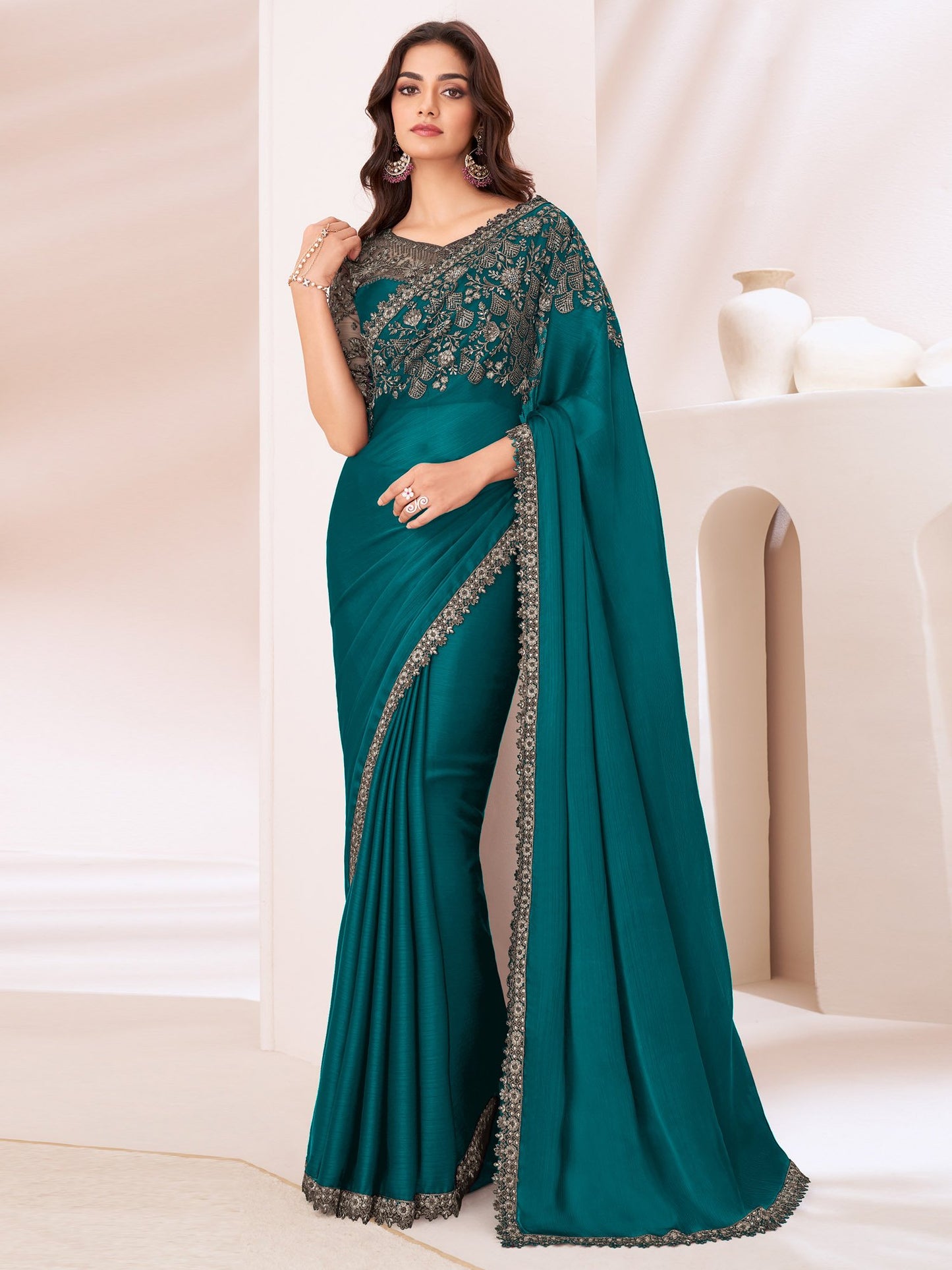 Teal Party Wear Pure Chiffon Embellished Saree