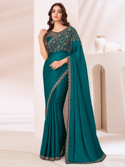 Teal Party Wear Pure Chiffon Embellished Saree