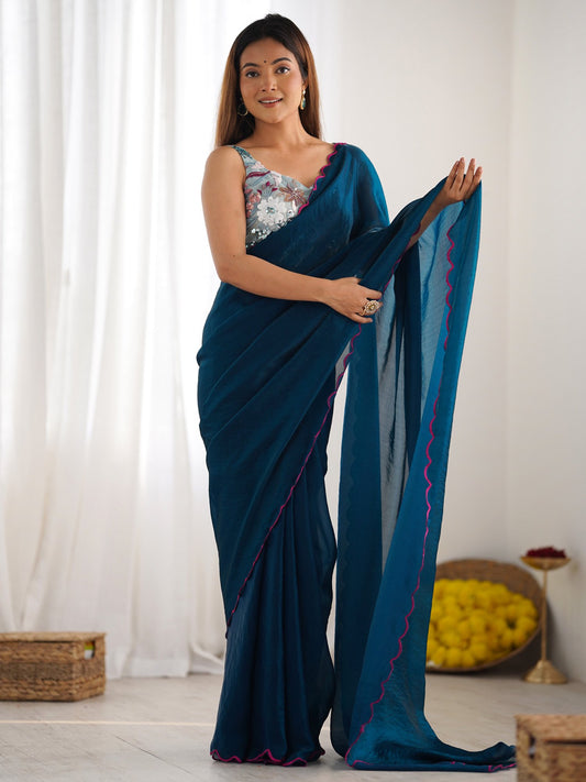 Blue Teal Party Wear Satin Silk Embroidered Saree