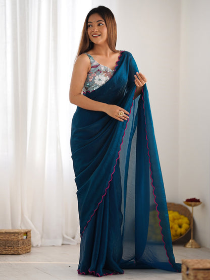 Teal Party Wear Satin Silk Embroidered Saree