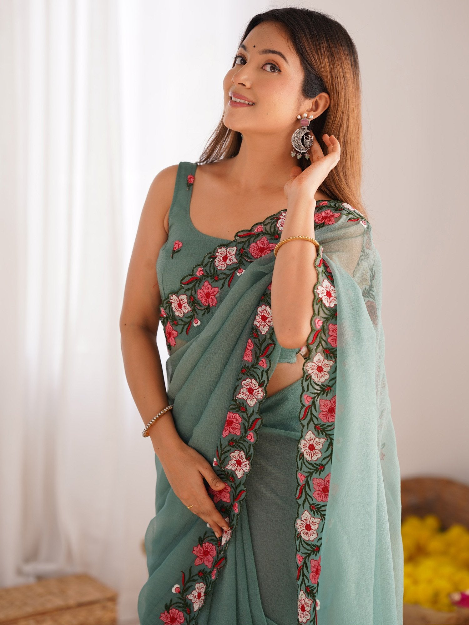 Sea Party Wear Paper Silk Embroidered Saree