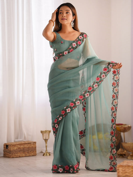 Green Sea Party Wear Paper Silk Embroidered Saree
