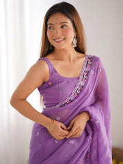 Lavendar Party Wear Paper Silk Embroidered Saree