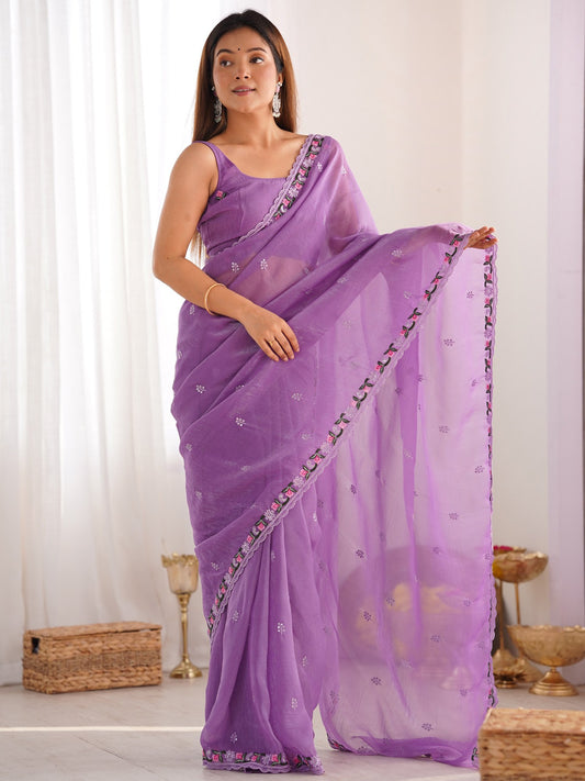 Lavender Lavendar Party Wear Paper Silk Embroidered Saree