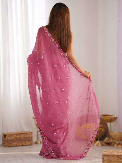 Pink Party Wear Paper Silk Embroidered Saree
