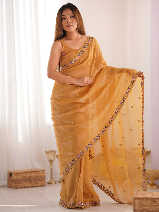 Yellow Mustard Party Wear Paper Silk Embroidered Saree