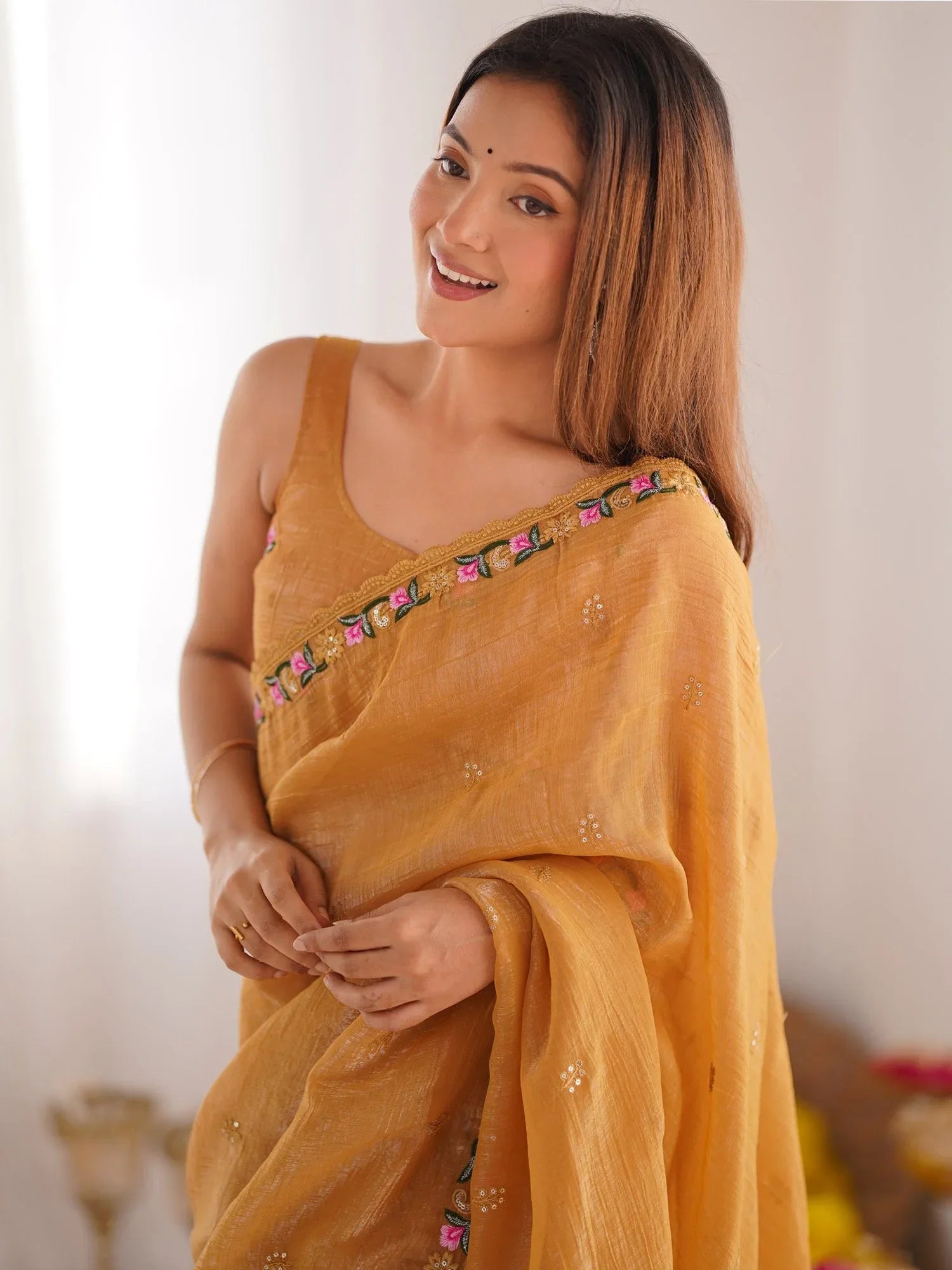 Mustard Party Wear Paper Silk Embroidered Saree