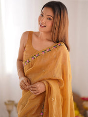 Mustard Party Wear Paper Silk Embroidered Saree
