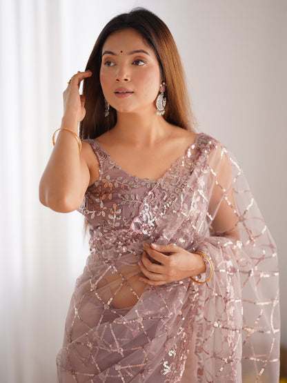 Rose Party Wear Net Embellished Saree