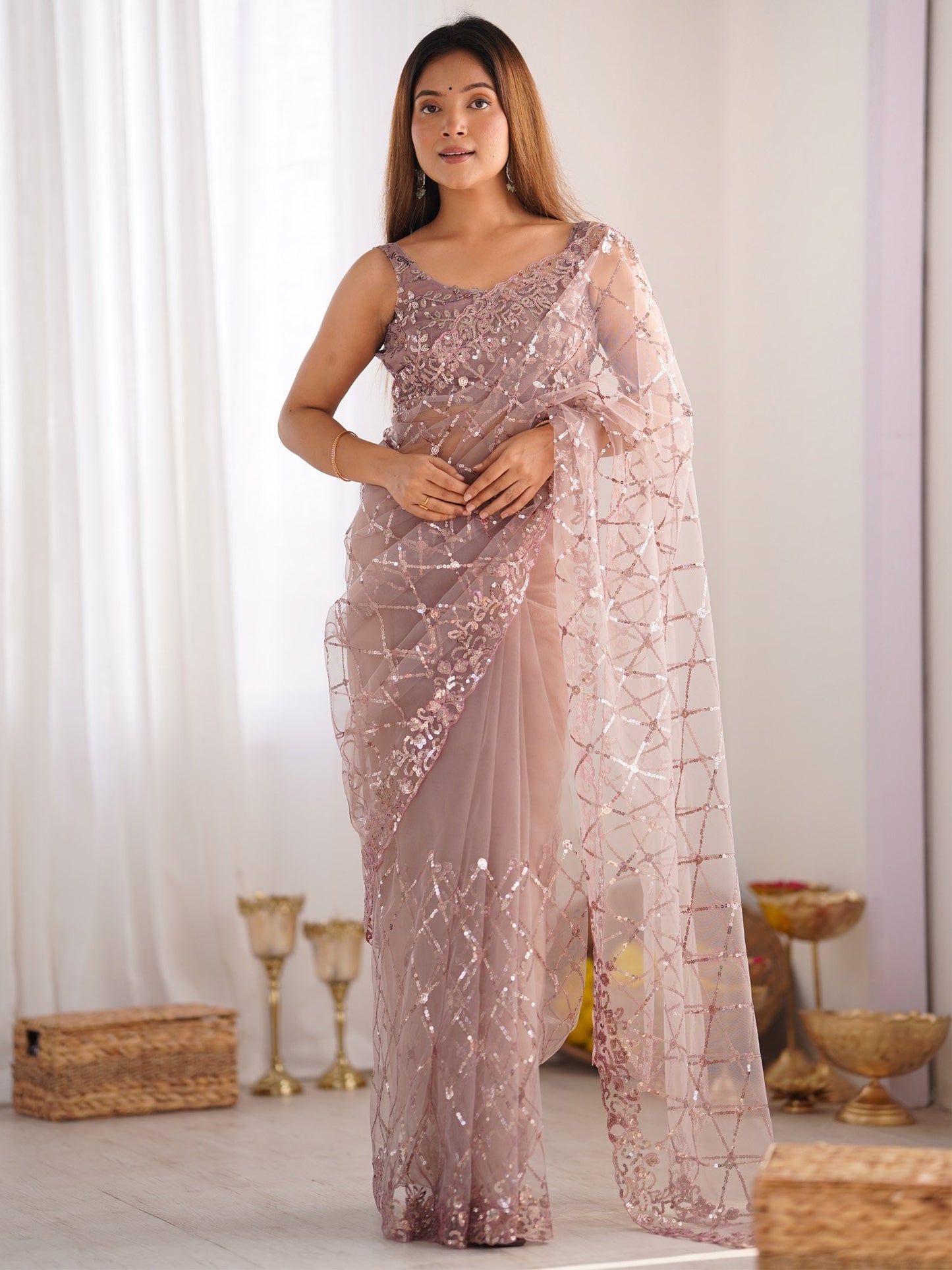 Pink Rose Party Wear Net Embellished Saree